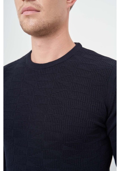 Koyu Lacivert Uzun Kol Kendinden Desenli Örme Bisiklet Yaka Classic Slim Fit Triko 1012245200 fırsatları