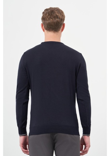 Koyu Lacivert Uzun Kol Kendinden Desenli Örme Bisiklet Yaka Classic Slim Fit Triko 1012245200 indirimleri