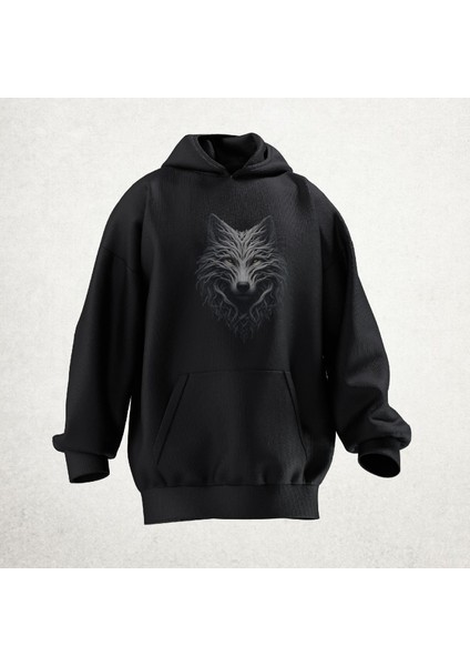 Gri Kurt Tasarımlı Hoodie