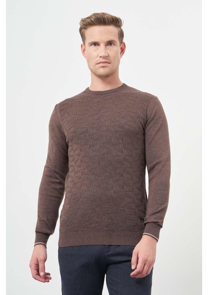 Sütlü Kahverengi Uzun Kol Kendinden Desenli Örme Bisiklet Yaka Classic Slim Fit Triko 1012245200