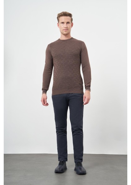 Sütlü Kahverengi Uzun Kol Kendinden Desenli Örme Bisiklet Yaka Classic Slim Fit Triko 1012245200 fiyatları