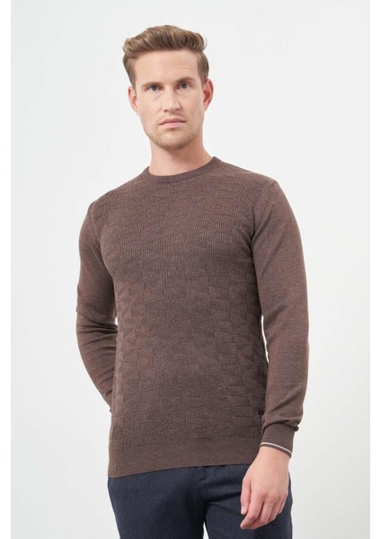 Sütlü Kahverengi Uzun Kol Kendinden Desenli Örme Bisiklet Yaka Classic Slim Fit Triko 1012245200 modelleri