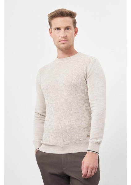 Açık Bej Uzun Kol Kendinden Desenli Örme Bisiklet Yaka Classic Slim Fit Triko 1012245200