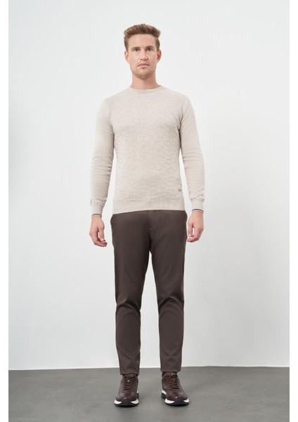 Açık Bej Uzun Kol Kendinden Desenli Örme Bisiklet Yaka Classic Slim Fit Triko 1012245200 fiyatları