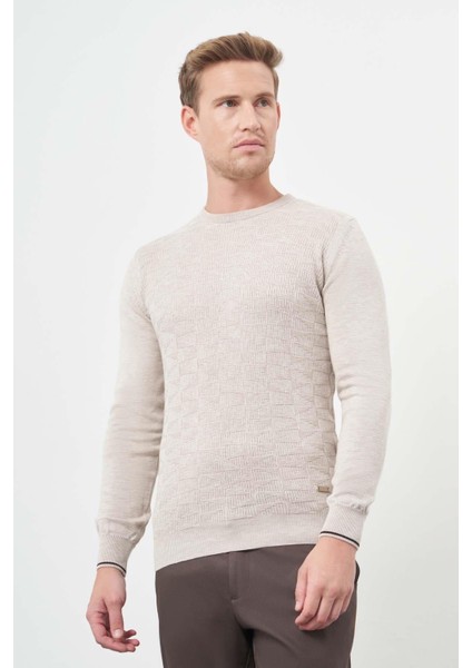 Açık Bej Uzun Kol Kendinden Desenli Örme Bisiklet Yaka Classic Slim Fit Triko 1012245200 modelleri