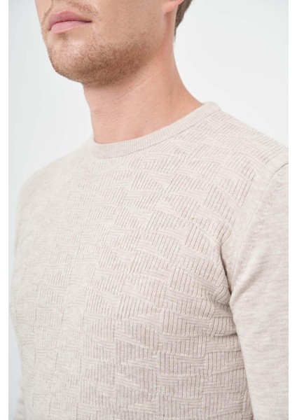 Açık Bej Uzun Kol Kendinden Desenli Örme Bisiklet Yaka Classic Slim Fit Triko 1012245200 fırsatları