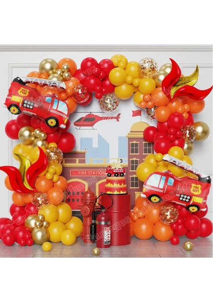 Itfaiyeci Tema Balon Çelenk Kemer Kırmızı Sarı Turuncu Konfeti Lateks Balon Doğumgünü Parti Seti Süsü