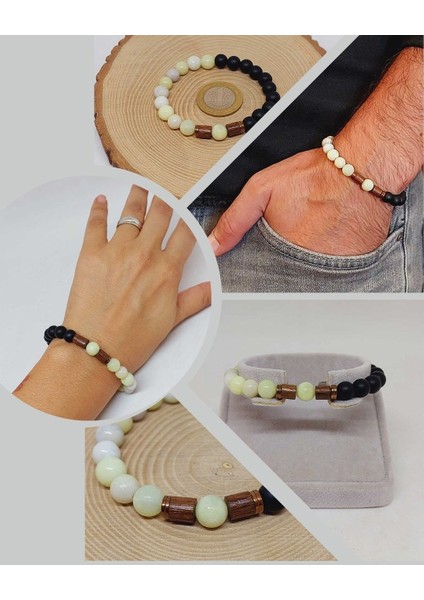 Peridot (Zebercet) Taşı Yeşil-Beyaz Alacalı & Oniks Taşı 8mm Tasarım Bileklik Hawaii Model (23115)