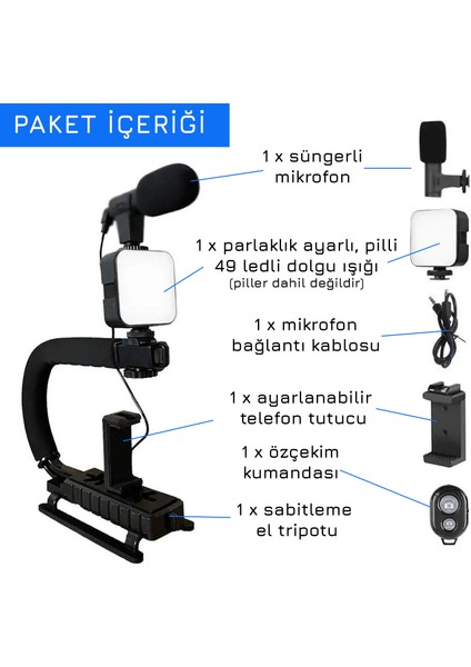 AY49U Taşınabilir Dolgu Işıklı Mikrofonlu Profesyonel Kamera Telefon Sabitleyici Video Canlı Yayın Seti