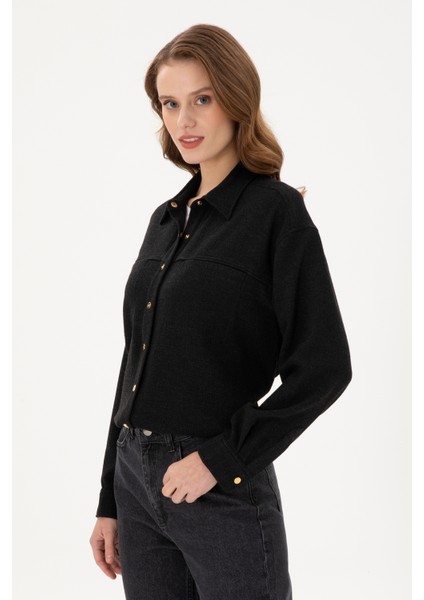 Kadın Siyah Gömlek Desenli 50289843-VR046