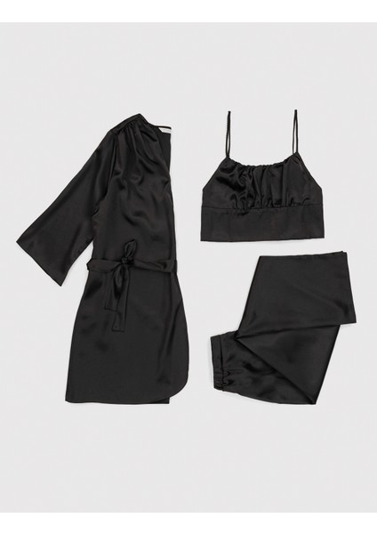 Kadın Siyah Saten 3'lü Pijama Takımı 50304006-VR046