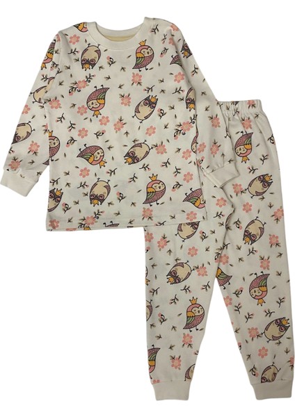 Kız Çocuk Pamuklu Beyaz Baykuş Desen Pijama Takımı