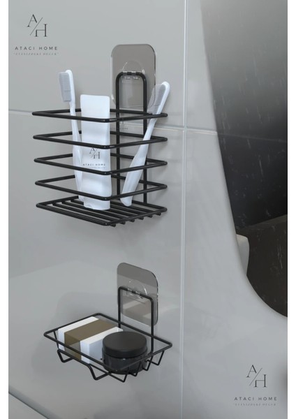 Paslanmaz Metal Banyo Organizeri - Yapışkanlı Diş Fırçalık ve Sabunluk Seti-2'li Süper Set