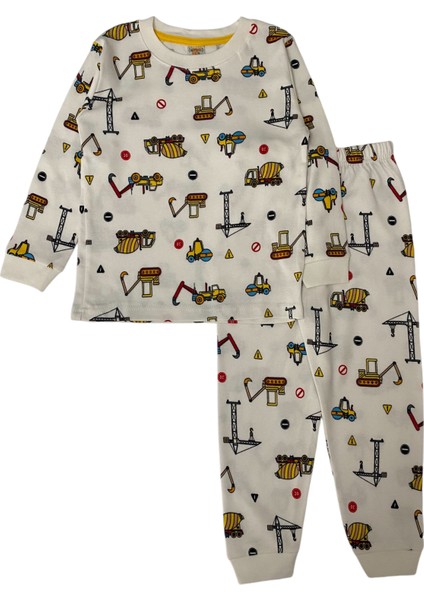 Elmas Kids Erkek Çocuk  Pamuklu Beyaz Iş Makinesi Desen Pijama Takımı