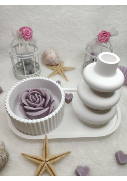 Ayd 4'lü Dekoratif Set Vazo & Tepsi & Kase & Gül Desenli Doğal Soya Mum