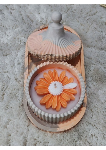 Ayd- Sunum Tepsi ve Mini Kabaklı Çizgili Vazo Papatya Model %100 Soya Wax %100 Taş Tozu