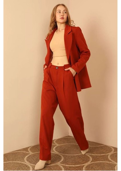 Atlas Kumaş Flato Detay Ceket Palazzo Takım-Kahve