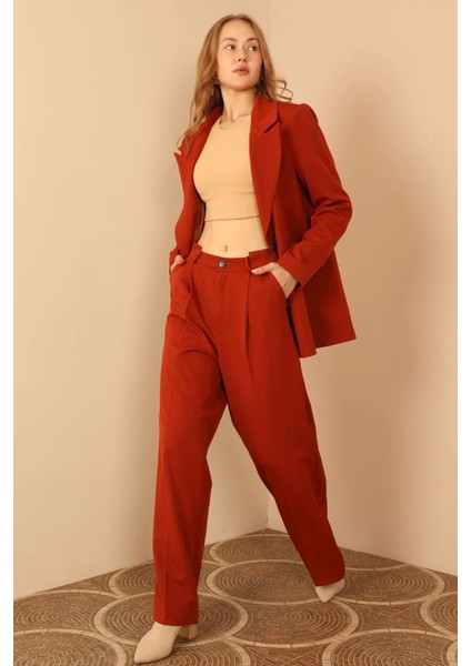 Atlas Kumaş Flato Detay Ceket Palazzo Takım-Kahve modelleri