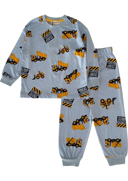 Erkek Çocuk Pamuklu Mavi Iş Makinesi Desen Pijama Takımı