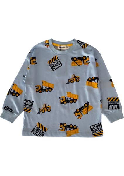 Erkek Çocuk Pamuklu Mavi Iş Makinesi Desen Pijama Takımı