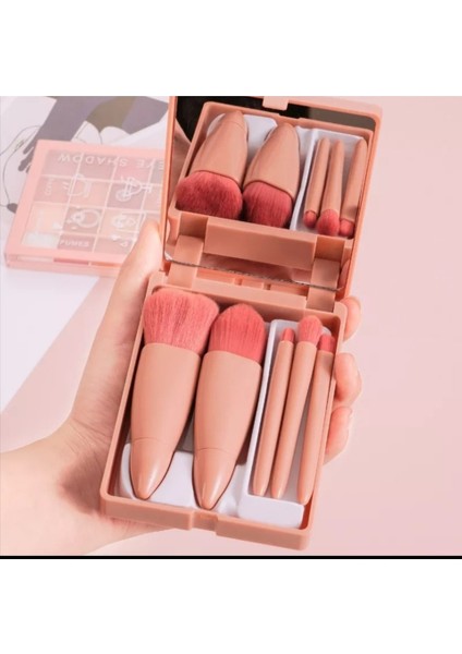 Profesyonel Taşınabilir Aynalı Makyaj Fırça Seti 5'li Pembe Renk