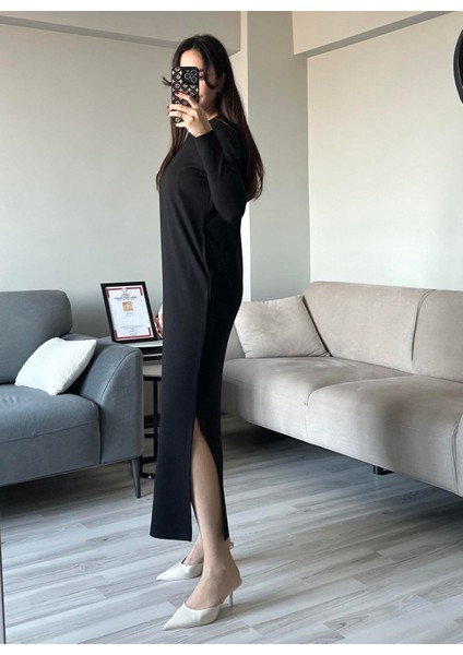 Kadın Siyah Oys Premium Pamuklu Kumaş Yanları Cepli Oversize Bol Kesim Uzun Maxi Bilek Boy Elbise