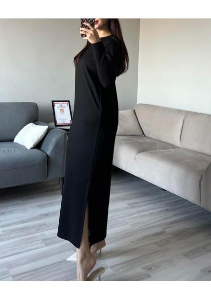 Kadın Siyah Oys Premium Pamuklu Kumaş Yanları Cepli Oversize Bol Kesim Uzun Maxi Bilek Boy Elbise fiyatları