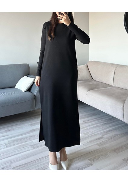Kadın Siyah Oys Premium Pamuklu Kumaş Yanları Cepli Oversize Bol Kesim Uzun Maxi Bilek Boy Elbise modelleri