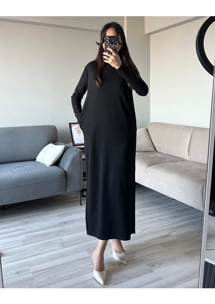 Kadın Siyah Oys Premium Pamuklu Kumaş Yanları Cepli Oversize Bol Kesim Uzun Maxi Bilek Boy Elbise fırsatları