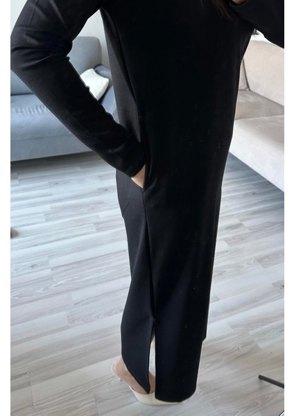 Kadın Siyah Oys Premium Pamuklu Kumaş Yanları Cepli Oversize Bol Kesim Uzun Maxi Bilek Boy Elbise indirimleri