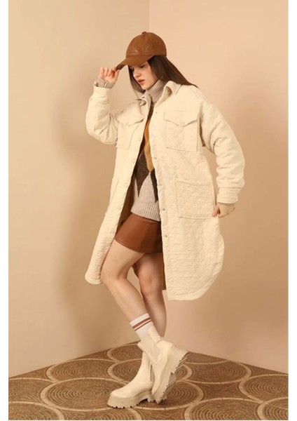 Jakar Kumaş Soğan Desen Oversize Kadın Uzun Gömlek-Taş modelleri