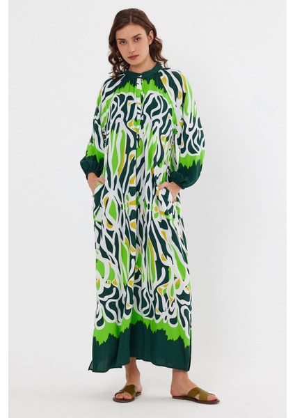 Desenli Rahat Kalıp Lastik Kol Kadın Elbise-Yeşil