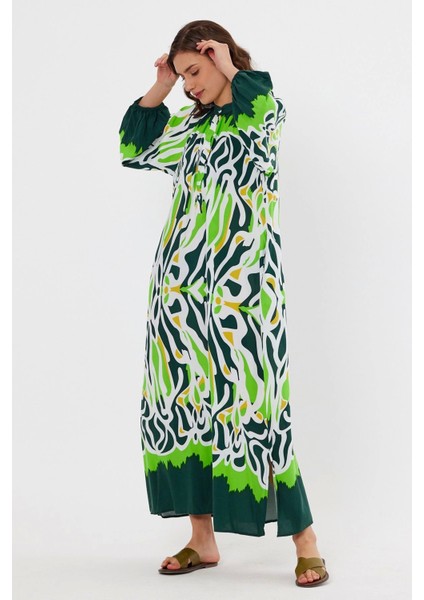 Desenli Rahat Kalıp Lastik Kol Kadın Elbise-Yeşil fiyatları