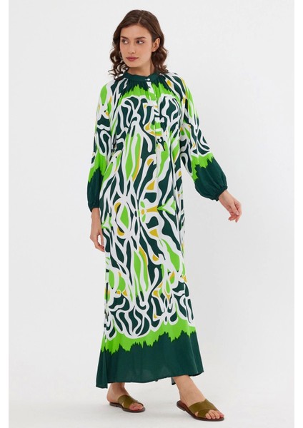 Desenli Rahat Kalıp Lastik Kol Kadın Elbise-Yeşil modelleri