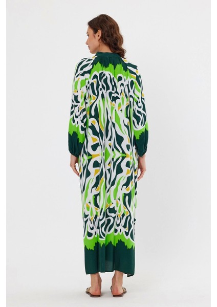 Desenli Rahat Kalıp Lastik Kol Kadın Elbise-Yeşil fırsatları
