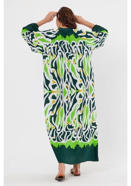 Desenli Rahat Kalıp Lastik Kol Kadın Elbise-Yeşil indirimleri