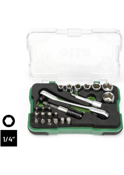 1/4" Altı Köşe Cırcırlı Lokma Anahtar ve Bits Set 23 Parça
