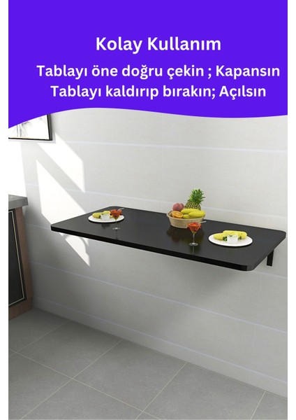 Kydonia Home Mdf Lam 4 Köşesi Oval Mat Siyah Duvara Monte Kırma Katlanır Yemek Mutfak Masası