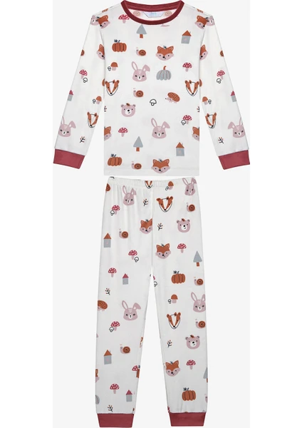 Kız Çocuk Animals Kırık Beyaz Pijama Takımı