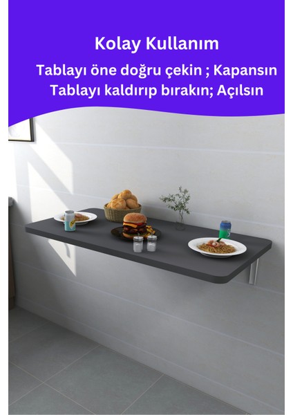 Kydonia Home Mdf Lam 4 Köşesi Oval Antrasit Gri Duvara Monte  Kırma Katlanır Yemek Mutfak Masası