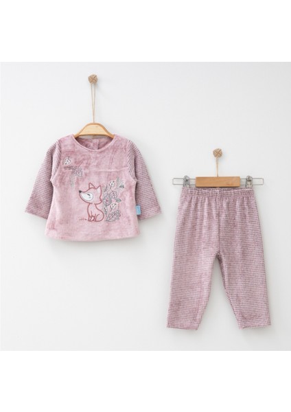Nakışlı Kadife Bebek Takım 2'li Sweatshirt ve Pantolon Pembe Eşofman Takımı