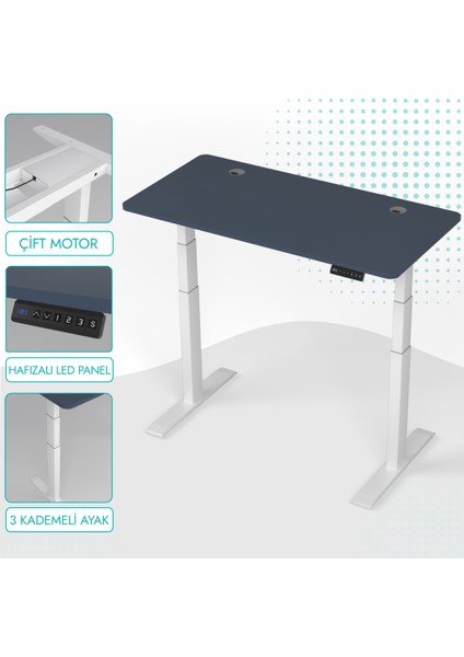 O Flex Beyaz Ayak Pasifik Mavi Elektrikli ve Yükseklik Ayarlı Çift Motorlu Çalışma Masası - E21108
