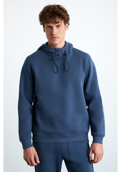 Jorna Erkek 3 Iplik Içi Şardonlu Yumuşacık Çıt Çıt Yakalı Regular Kapüşonlu Indigo Sweatshirt