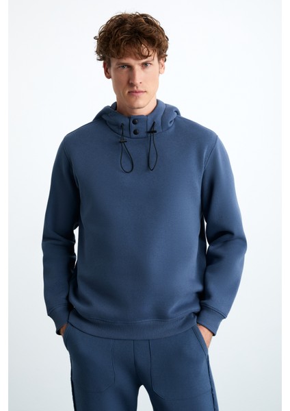 Jorna Erkek 3 Iplik Içi Şardonlu Yumuşacık Çıt Çıt Yakalı Regular Kapüşonlu Indigo Sweatshirt