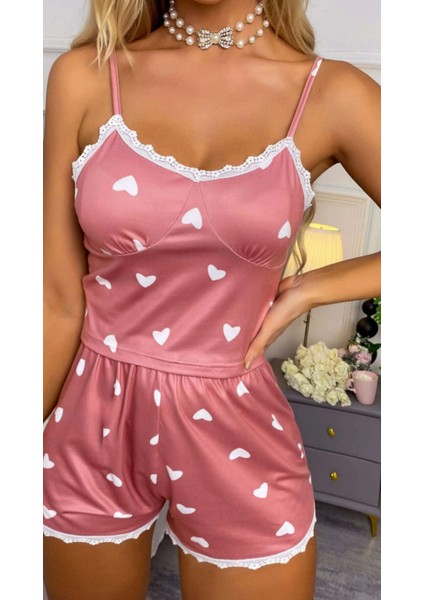 Saten Pudra Yumuşacık Kalpli Ince Askılı Şortlu Alt Üst Kadın Saten Pijama Takımı