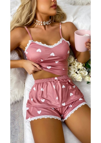 Saten Pudra Yumuşacık Kalpli Ince Askılı Şortlu Alt Üst Kadın Saten Pijama Takımı fiyatları