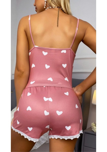 Saten Pudra Yumuşacık Kalpli Ince Askılı Şortlu Alt Üst Kadın Saten Pijama Takımı modelleri