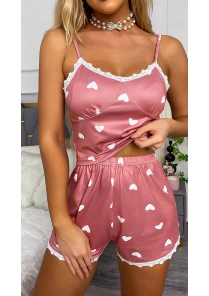 Saten Pudra Yumuşacık Kalpli Ince Askılı Şortlu Alt Üst Kadın Saten Pijama Takımı fırsatları