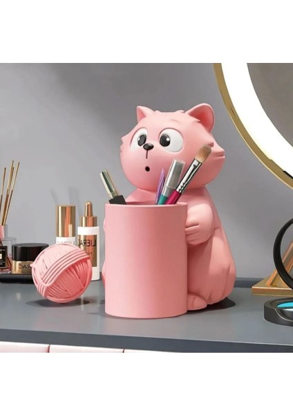 Pembe Sevimli Şaşkın Kedicik Dekoratif Masa Üstü Kalemlik, Makyaj Fırçalığı, Düzenleyici