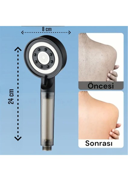 (Kireç Önleyici) 5 Fonksiyonlu Su Tasarruflu Filtreli Turbo Jet Duş Başlığı Siyah